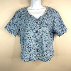 Vintage Cowgirl Cottage Prairie Floral Button Top Size l Blue Linen Blend Wester